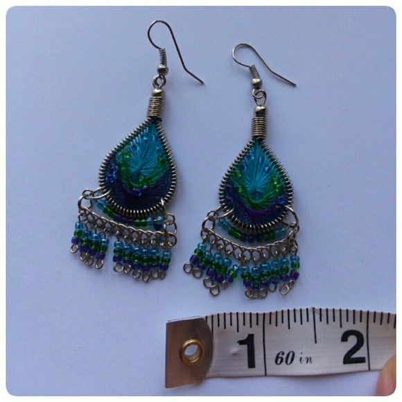 TURQUOISE & VIOLET PERUVIAN SILK DANGLE EARRING! - Picture 3 of 4
